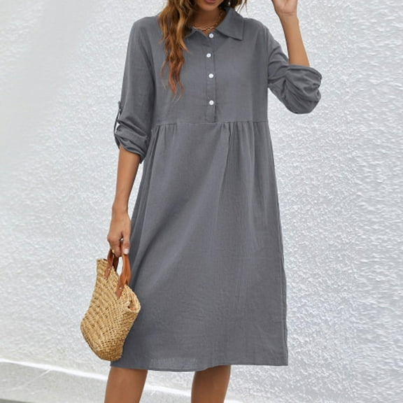 Meichang Womens Summer Shirt Dresses Casual Cotton Linen Dresses Roll Up Half Sleeve Button Up Collar Knee Length Dresses Beach Tunic Dress