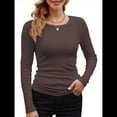 thumbnail image 1 of Camisetas Básicas Ajustadas Informales de Cuello Redondo y Larga Acanaladas para Mujer Marrón XXL, 1 of 6