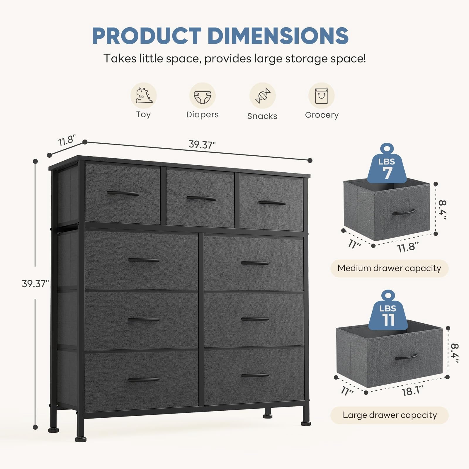 Telyra 9-Drawer Fabric Dresser Tall Storage Tower with Wood Top and Steel Frame Bedroom Closet Organizer, Gray
