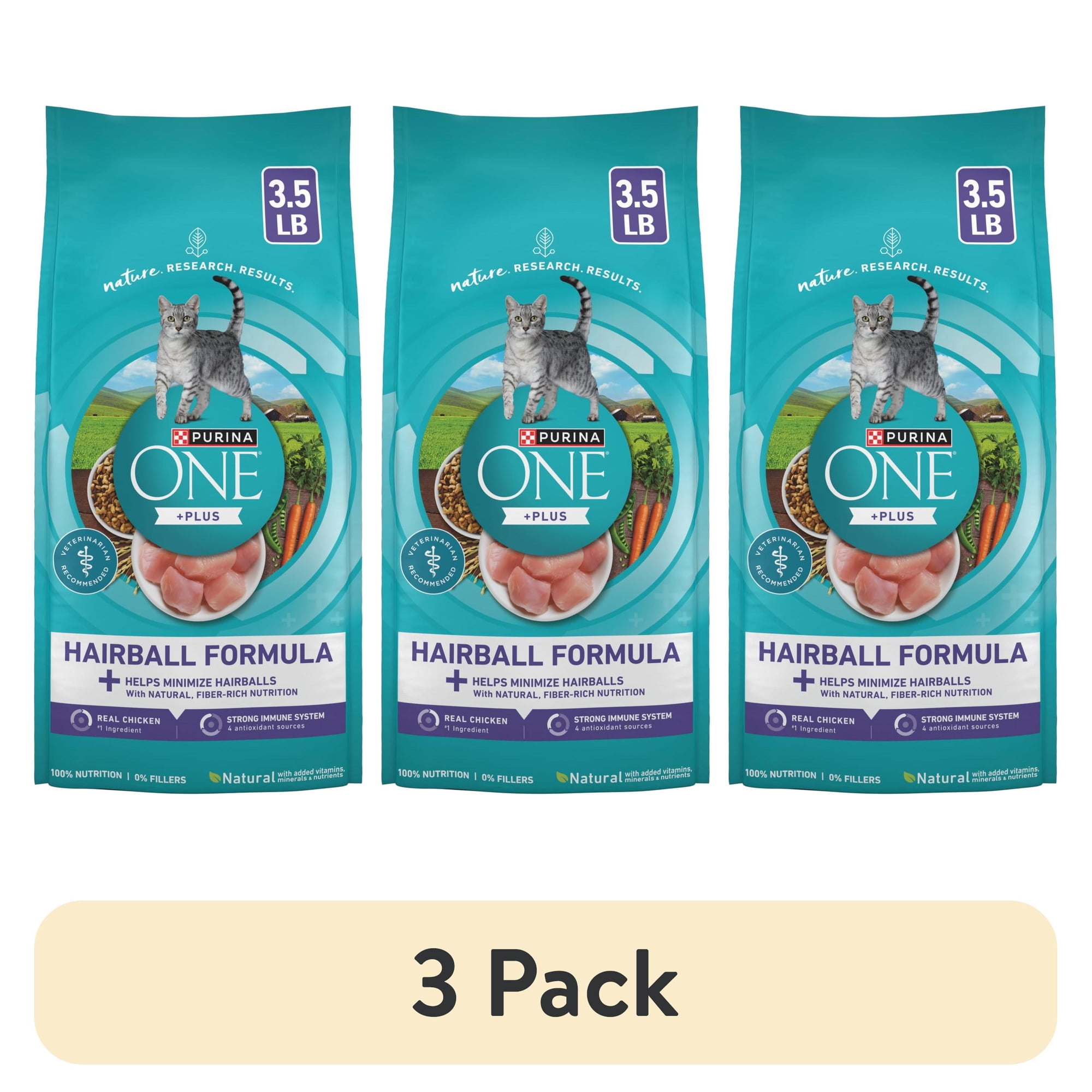 (3 pack) Purina ONE Plus Dry Cat Food Hairball Formula, Natural Chicken, 3.5 lb Bag