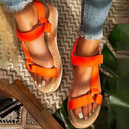 

NWQKYZGH Women Sandals Clearance Women s Wicker- Soled Straw Sandals with Thick-soled One-word Sandals Orange 10.5(43)