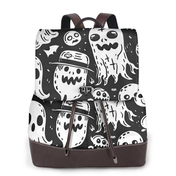 Balery Black White Spooky Ghosts Mochila de Cuero para Mujeres, Gran Capacidad, Bolsa de Viaje Multifuncional, Mochila de Cuero y Bolsa de Hombro para Mujeres