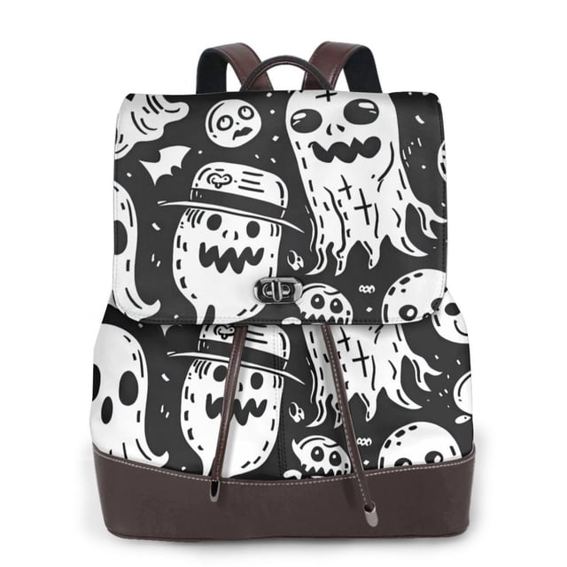 Balery Black White Spooky Ghosts Mochila de Cuero para Mujeres, Gran Capacidad, Bolsa de Viaje Multifuncional, Mochila de Cuero y Bolsa de Hombro para Mujeres