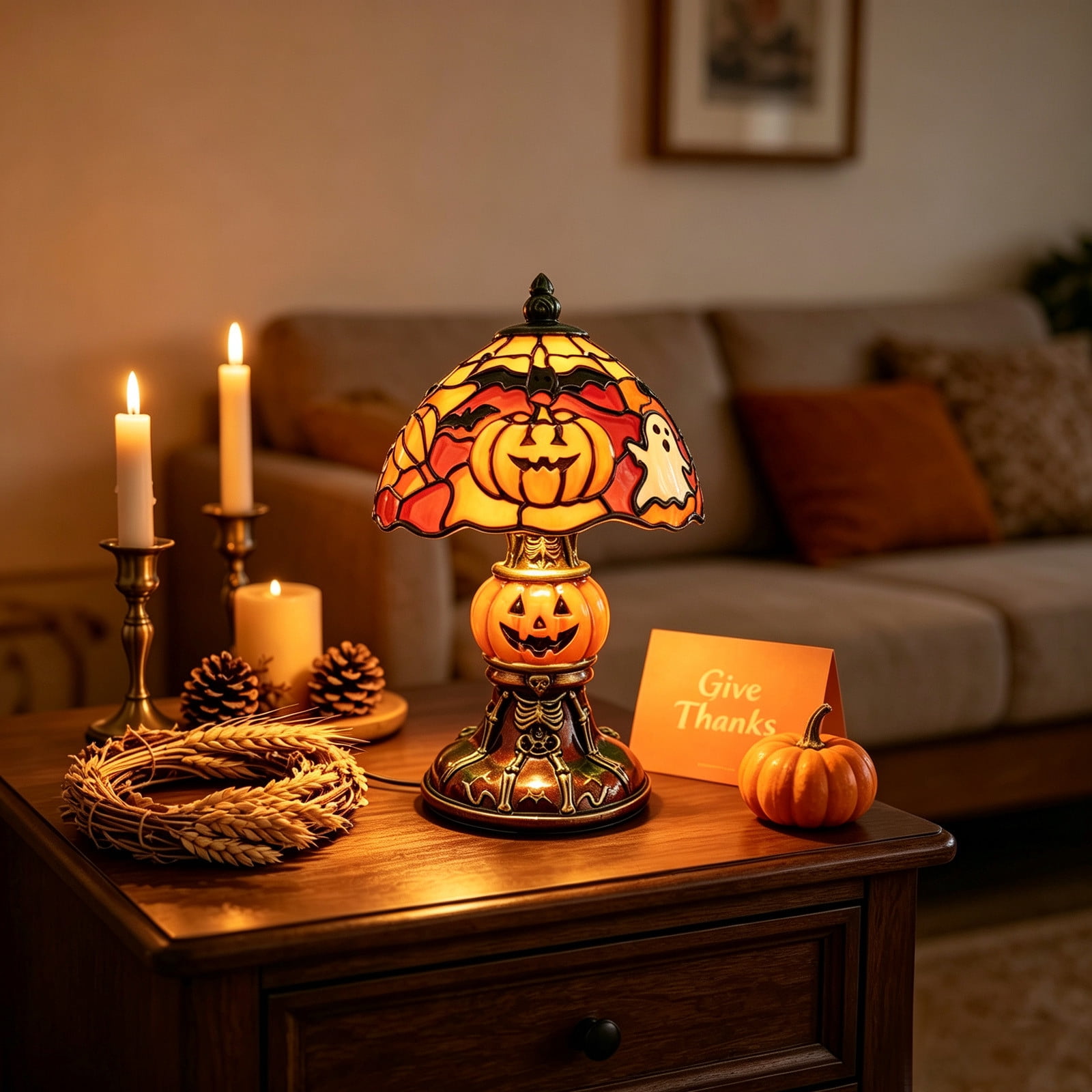 Glowing pumpkin lamp displayed in living room