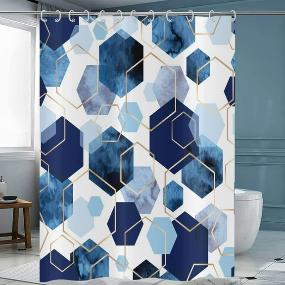 Blue Shower Curtain, Navy Blue Abstract Geometric Modern Grid Pattern Minimalist Bath Curtains Waterproof Fabric with Hooks for Home Decor, 72Wx72H