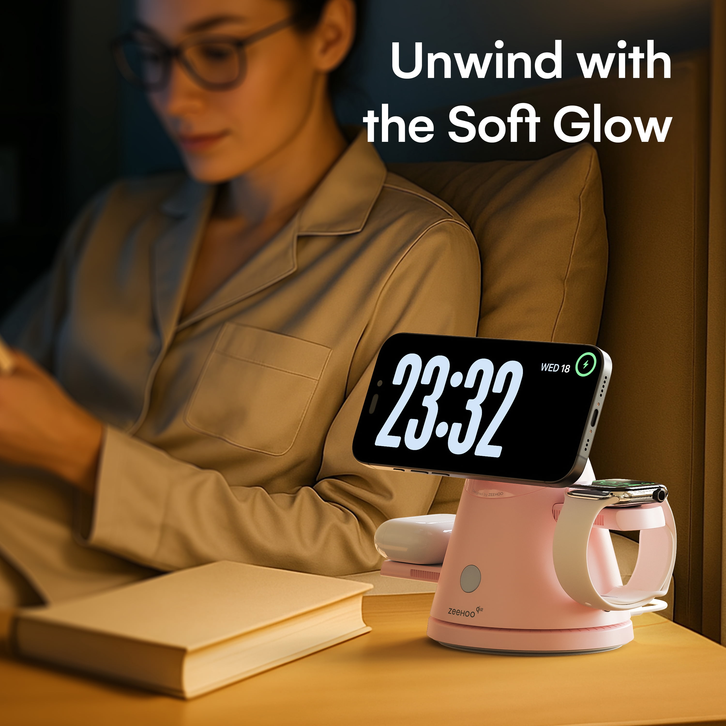 ZEEHOO 4-In-1 Wireless Charging Station Qi2 15W - Mag-Safe Charger with 360° Rotating Base & Adjustable Brightness Night Light, with 30W Adapter