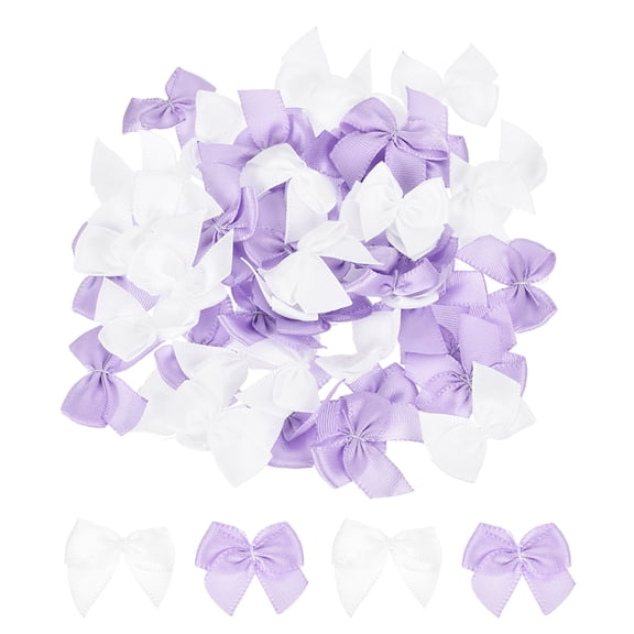 50Pcs Mini Ribbon Bow 1" Mini Fabric Satin Ribbon Flower Bows for Craft DIY Sewing Wedding Birthday Party White & Purple