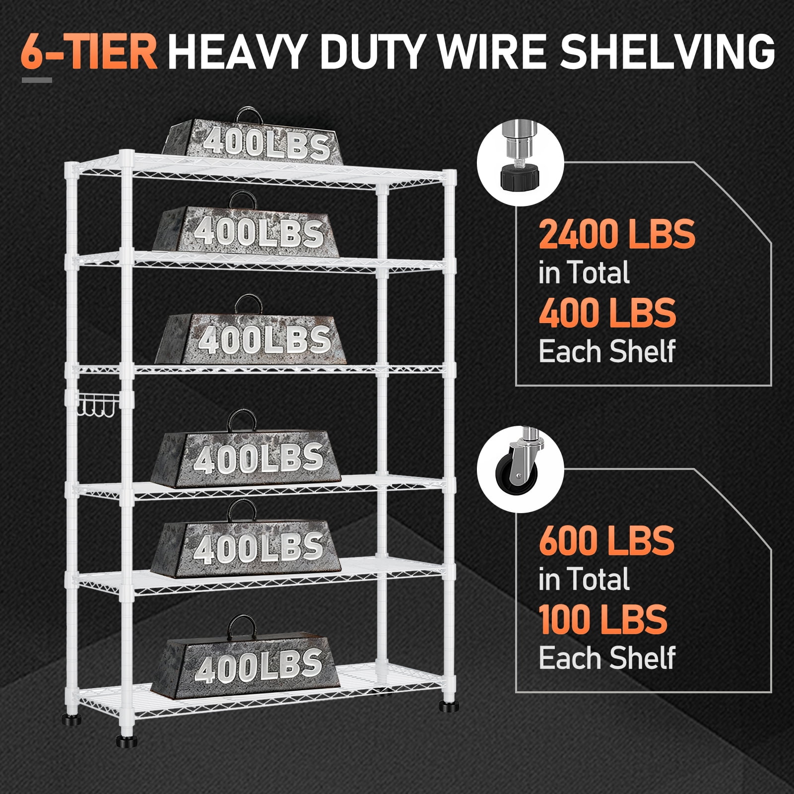 Ktaxon 6 Tier Wire Shelving with Wheels, 46"D x 18"W x 82"H Multifunctional Storage Rack Metal Garage Shelves Organizer, Capacity for 2400lbs, White