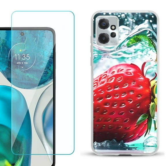 OneToughShield ® for Motorola Moto G Power 5G 2023 Shockproof Fashion Phone Case, with Tempered Glass Screen Protector - Stawberry