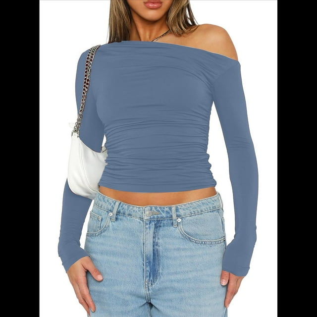 Blusa Informal de Larga con Cuello y Hombros Descubiertos para Mujer, Ajustada, para Salir, Estilo Y2K Azul Mar XL