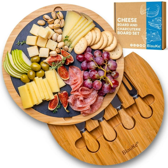BlauKe® Bamboo Cheese Board with Knife Set and Slate – 12 inch Round Charcuterie Board, Serving Tray, Platter, Wood Cheese Board Set – Gift Idea