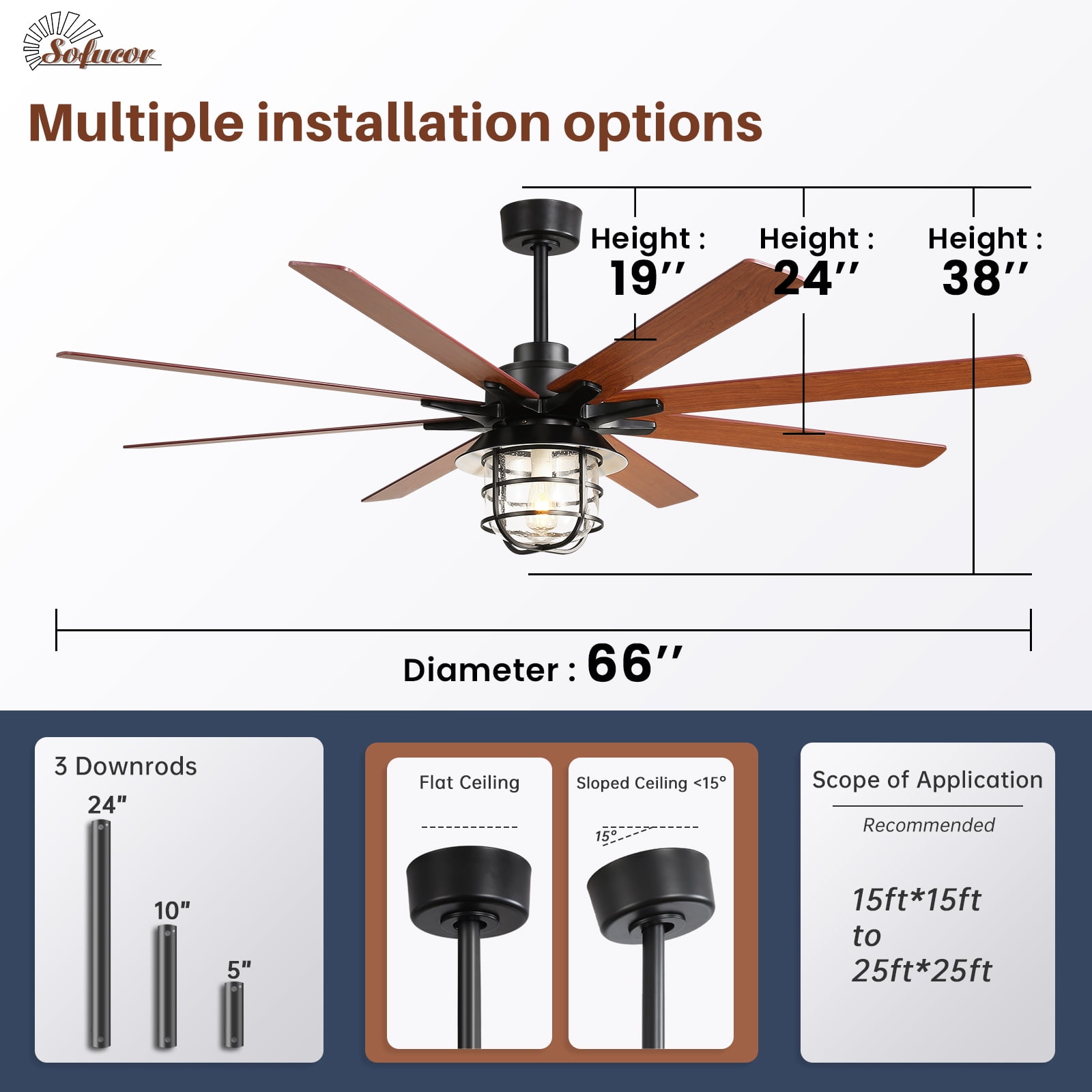 Sofucor 66 Inch Farmhouse Ceiling Fan with Light and Remote Control