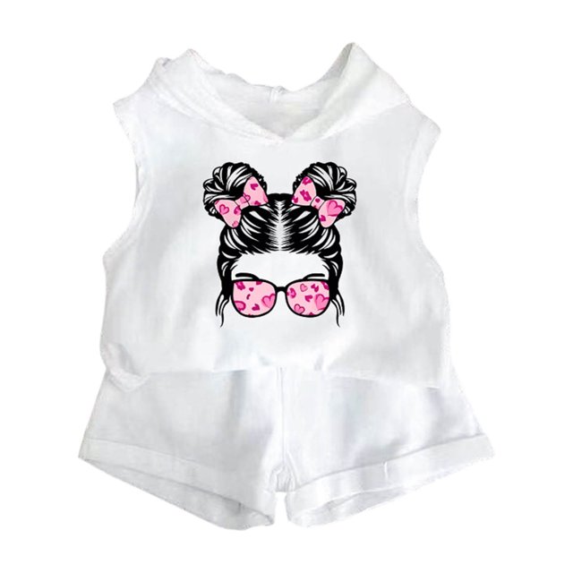 COM1950s Suits for Girls, Fashion Girls' Summer Hooded Set Printed Sleeveless Top Elastic Waist Shorts Two-Piece Set