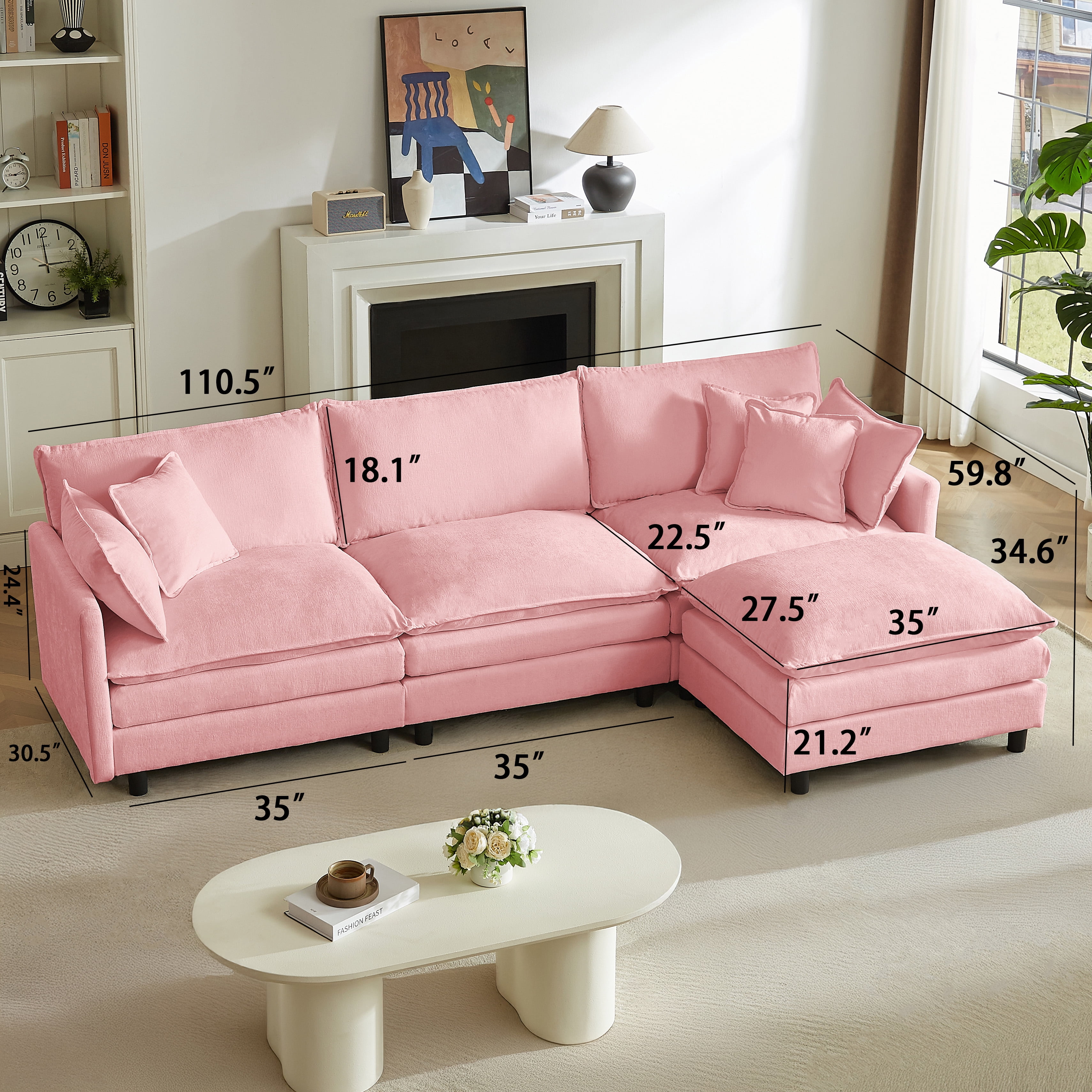 110" L Shaped Modular Sectional Sofa3-Seater Comfy Cloud Couch Set with Movable Ottoman, Chenille