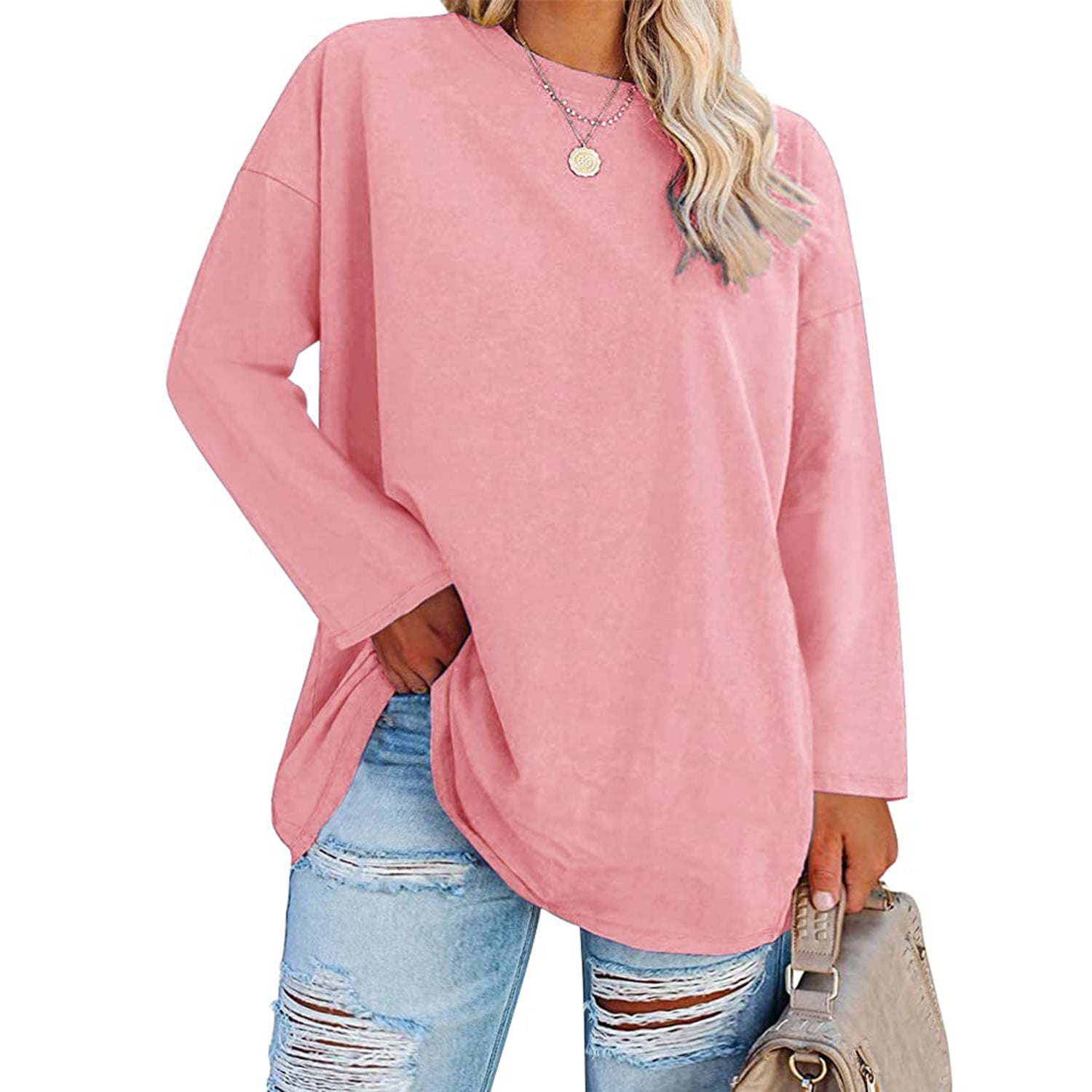 Mafulus Women's Plus Size Tops Long Sleeve Crew Neck Oversized T Shirts Loose Casual Tunics Top