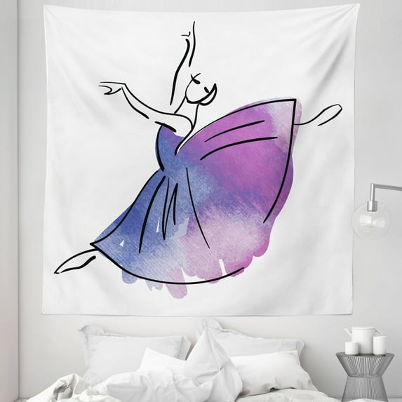 Ballet Tapestry, Doodle Style Ballerina Hand Drawn Vibrant Watercolor Girls, Fabric Wall Hanging Decor for Bedroom Living Room Dorm, 5 Sizes, Lavender Blue Purple, by Ambesonne