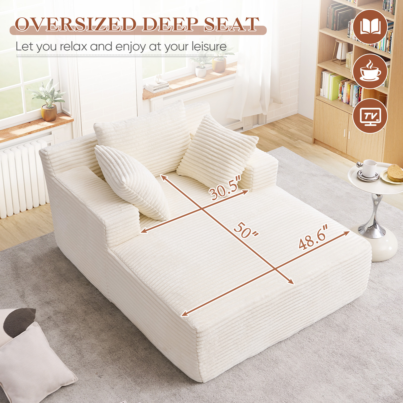 Lunale Chaise Lounge Indoor, Oversized Upholstered Lounge Chair, Plush Sleeper Sofa Bed, No Assembly Required, Beige Corduroy
