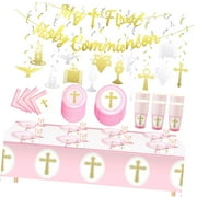 FREEAMG Girls Baptism Party Kit, Includes 24 Cross Plates, Napkins, Cups, 2 Christening Tablecloths, 1 Glitter Communion Banner, 14 Hanging Decorations