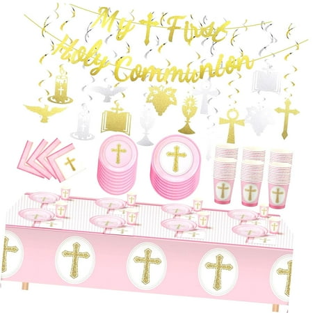 FREEAMG Girls Baptism Party Kit, Includes 24 Cross Plates, Napkins, Cups, 2 Christening Tablecloths, 1 Glitter Communion Banner, 14 Hanging Decorations