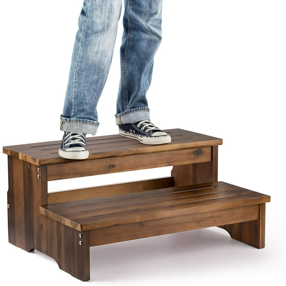 25" Acacia Bed Steps for High Beds for Adult 500 Lbs - 2-Step Wood Step Stool - Wooden Step Stool for Bed - Heavy Duty Hot Tub Steps & Hot Tub Stairs - Pool Ladder Above Ground (Walnut Color)