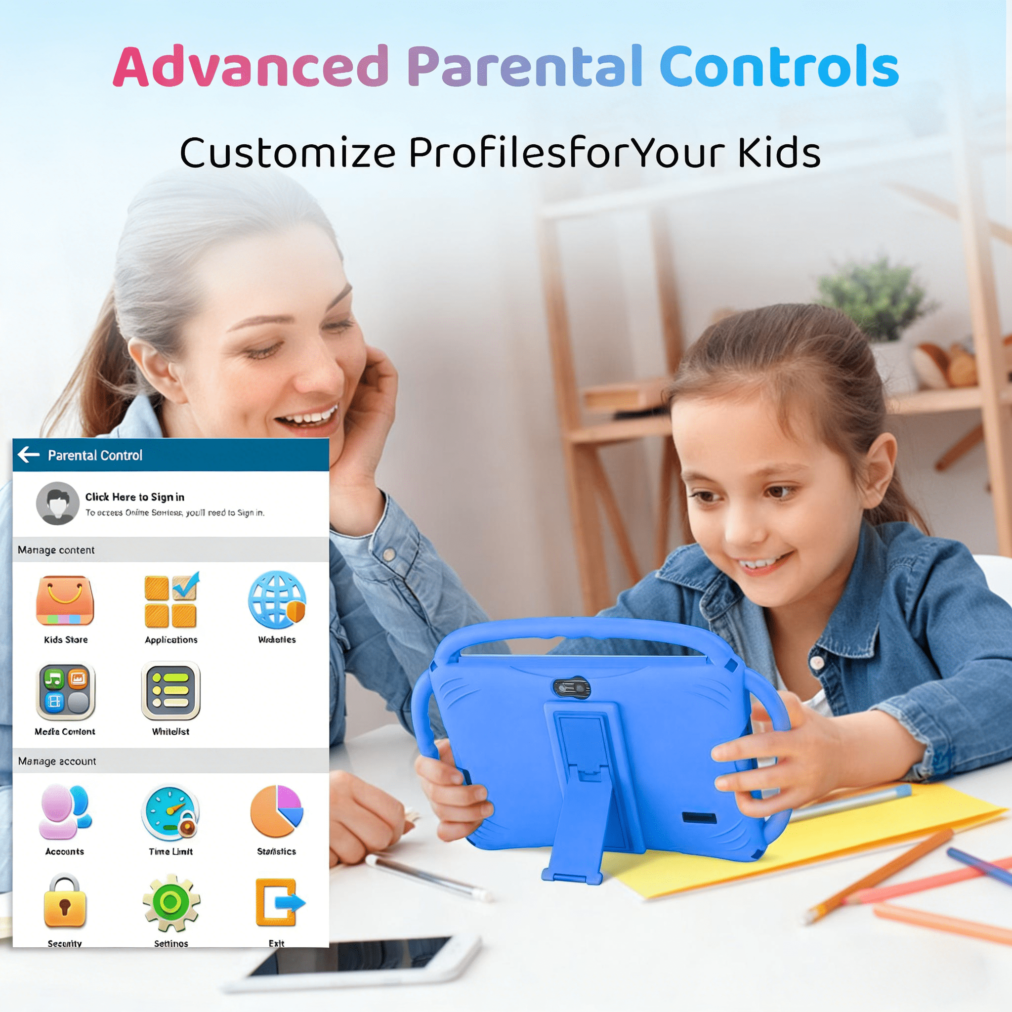 Kids Tablet 7 inch Android for Toddler, 6GB RAM 32GB ROM Bluetooth IPS Screen Parental Control Dual Camera Shockproof Case for Educational Games, (Blue)