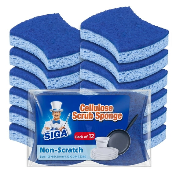 MR.Siga Non-Scratch Cellulose Scrub Sponge, Dual-Sided Dishwashing Sponge for Kitchen, 12 Pack