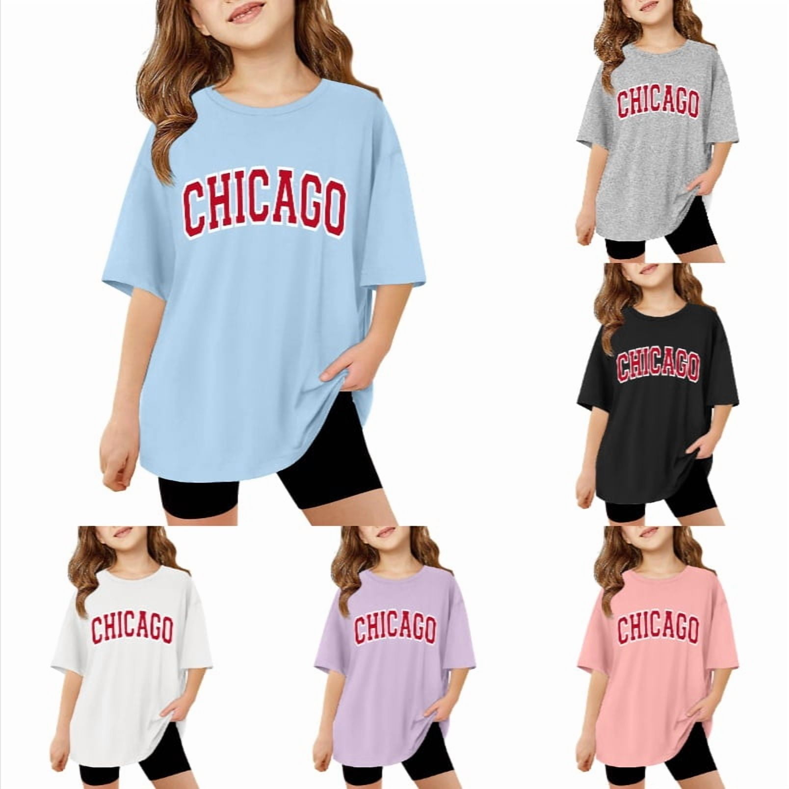SGMVNU Summer Tops for Girls Short Sleeve Tops Trendy Casual Crew Neck Loose Fit Cotton T-Shirts Oversized Graphic Tee Shirt Size 7-8 Years cl1-Light Blue