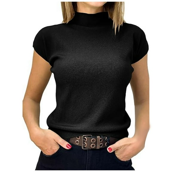 DuoJiaJ Women's Fashion Casual Thread Solid Color Inside T Shirt Top Women’s High-Neck Workout Tops Black