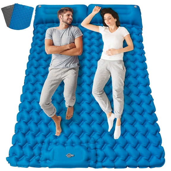 Double Camping Sleeping Pad - Self Inflating 4" Extra-Thick for 2 Person with Pillow Built-in Foot Pump Inflatable Sleeping Mat for Backpacking, Traveling, Portable Camping Mat,Blue
