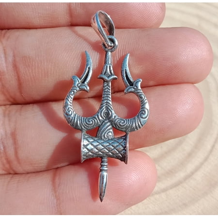 Trishul Damru Symbol of Lord Shiva Pendant Solid 925 Sterling Silver Handmade Religious Jewelry