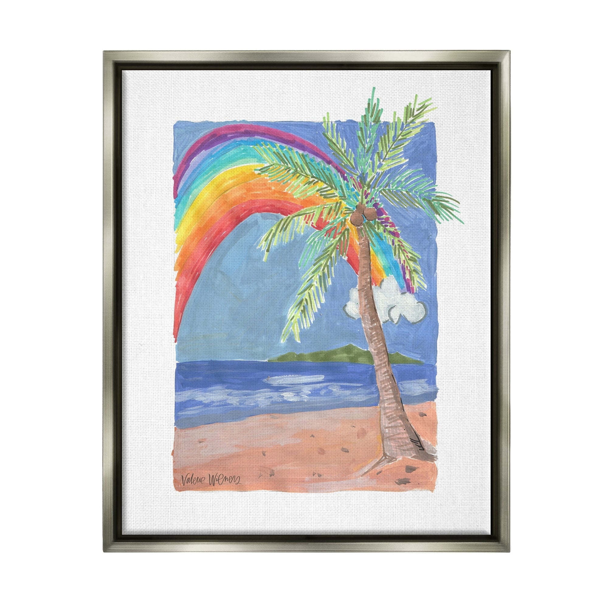 Stupell Industries Whimsical Rainbow Over Beach Tropical Palm Tree Painting Luster Gray Floating Framed Canvas Print Wall Art, Design by Valerie Wieners