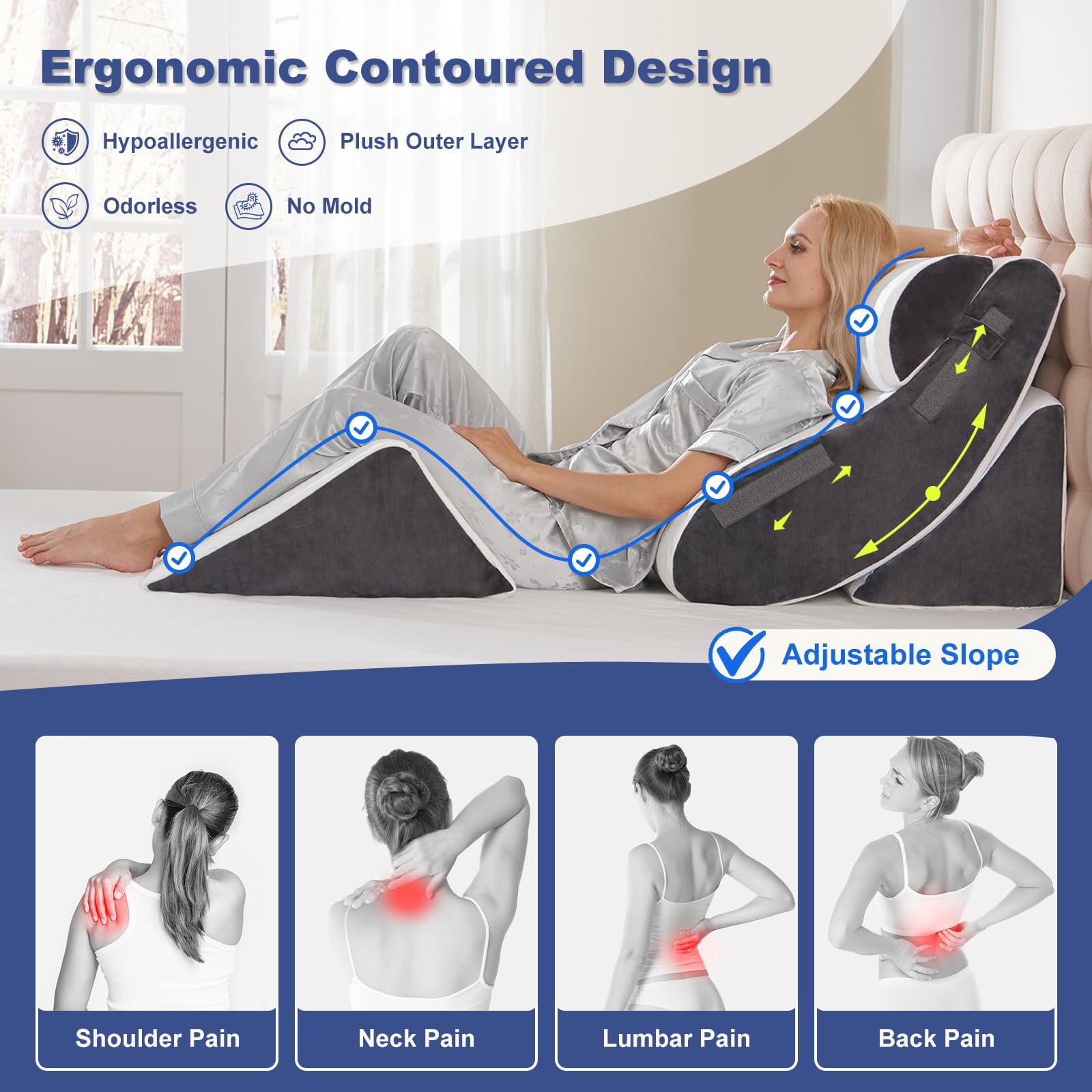 4pcs Bed Wedge Pillow Set For Sleeping  Foam Support Pillows Neck And Leg Adjustable Triangle - Acid Reflux & White Grey