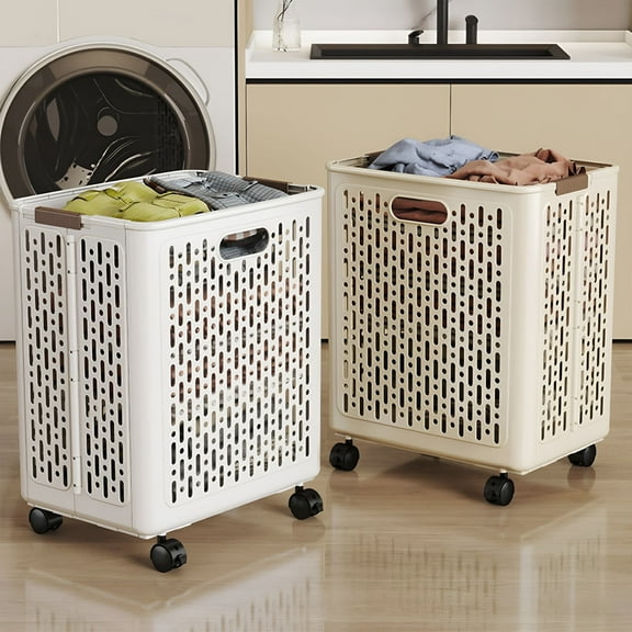 LAMIRO Rolling Laundry Basket,Portable Clothes Hamper,Foldable Storage Basket with Wheels,Handle,Heavy-duty Metal Frame,2-tier Design,for Bedroom,High-traffic