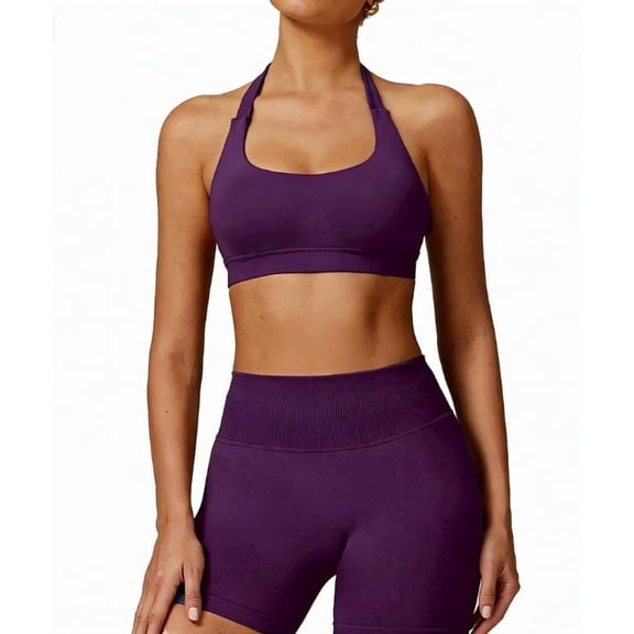 JYTJYT Workout Sets for Women 2 Piece Seamless Halter Sport Bra High Waist Shorts Exercise Gym Yoga Outfits(qie purple-l)