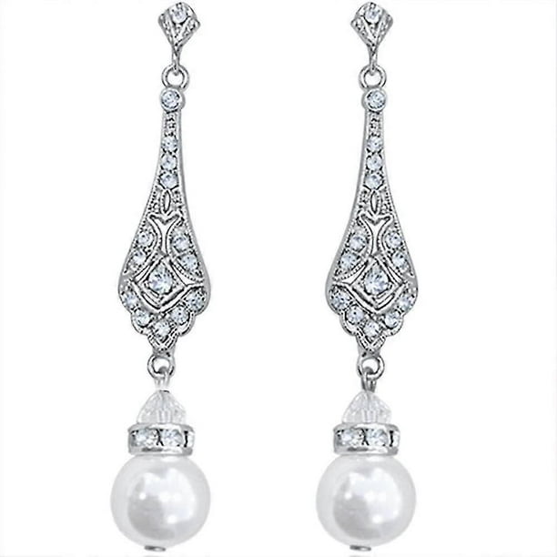 Art Deco Pearl Earrings-Vintage Pearl Dangle Earrings Pearl Wedding Earrings for Brides Bridesmaids Mother of the Bride