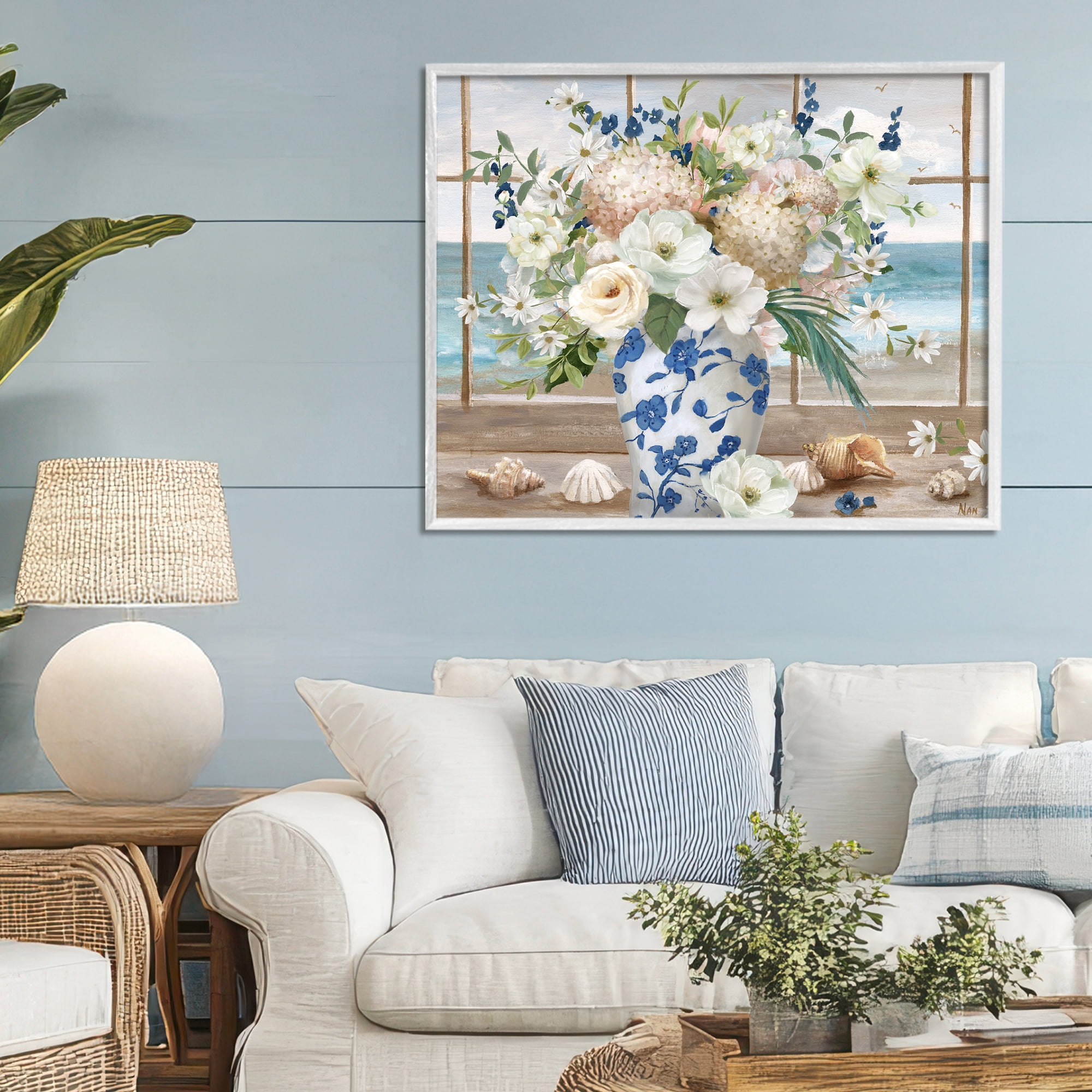 Stupell Industries Seashells & Flowers Windowsill White Framed Giclee Art, design by Nan