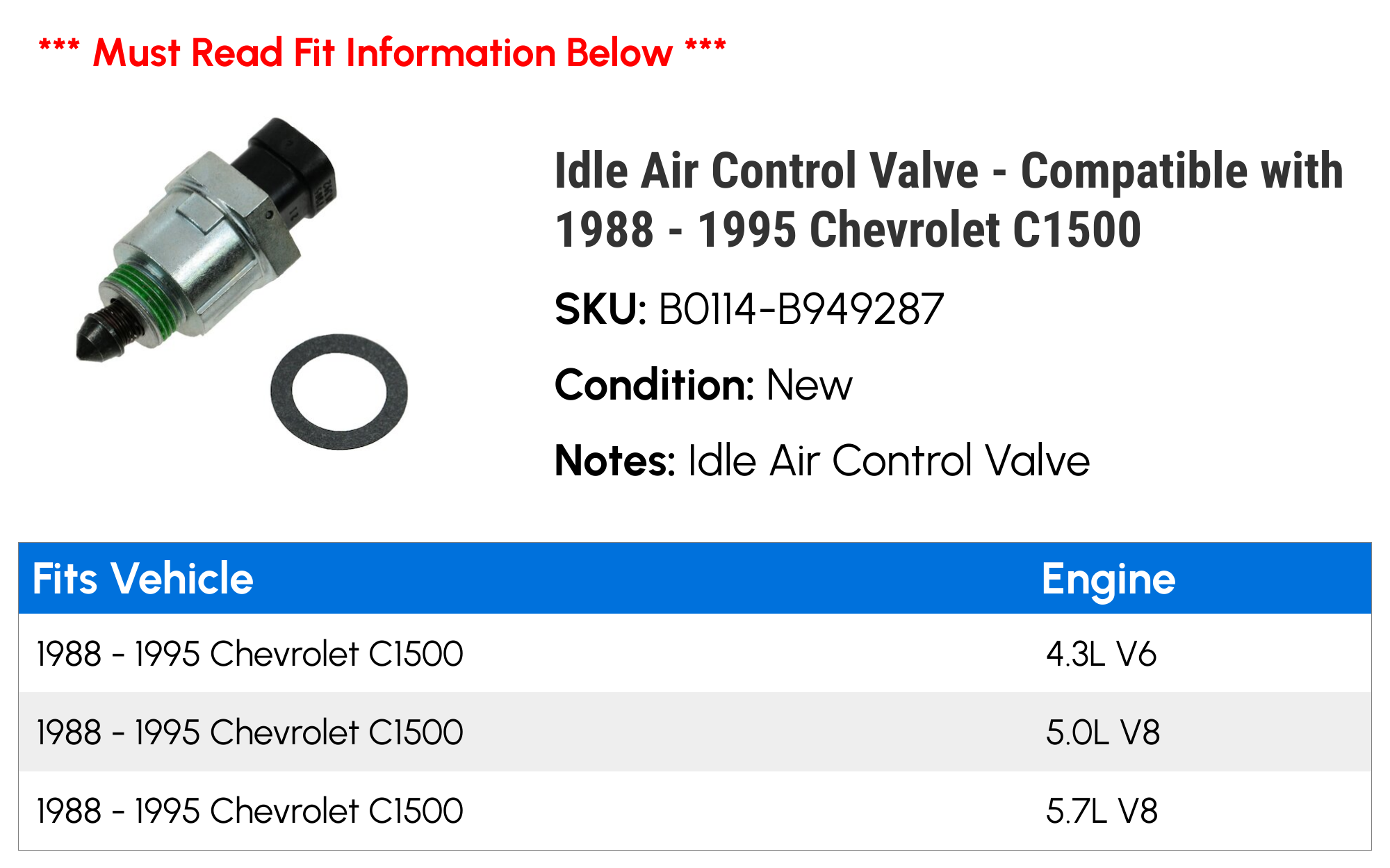 Idle Air Control Valve - Compatible with 1988 - 1995 Chevy C1500 1989 1990 1991 1992 1993 1994