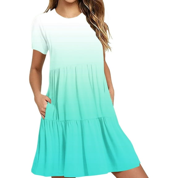 Uaswgudfs Summer Casual A-Line Dresses for Women: Short Sleeve Tiered Ruffle Hem Dress in Lightweight Flowy Fabric - Trending Womens Midi Dress Styles Sky Blue L
