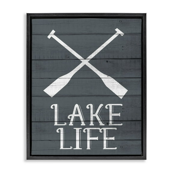 Stupell Industries Nautical Blue Lake Life Phrase Rustic Boat Oars Jet Black Framed Floating Canvas Wall Art, 16x20, by Kim Allen
