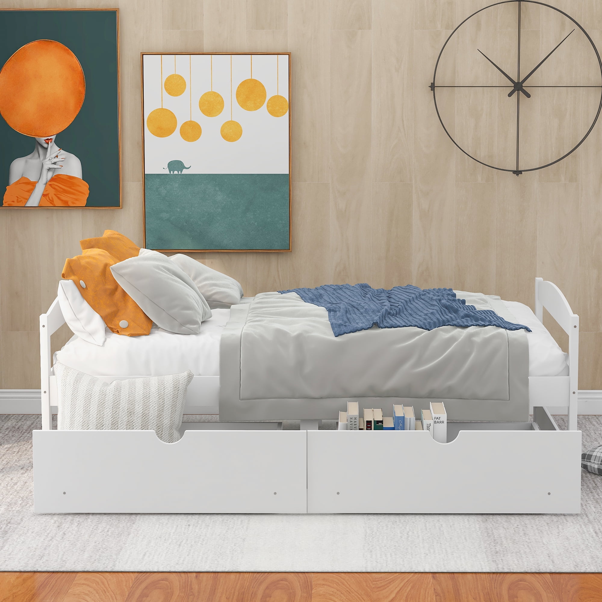 Euroco Twin Wood Daybed with 2 Storage Drawers for Kids Teens, Twin Platform Bed, White