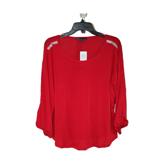 Plus Size 3/4 Puff Sleeve Top With Split Scoop Neck Jester Red 1X