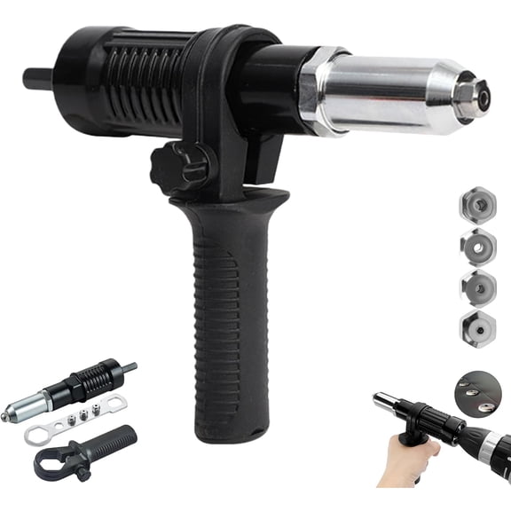 Professional Electric Rivet Gun Adapter Kit, Electric Rivet Nut Gun Drill Adapter Kit, with Handle Grip & 4 Rivet Head, Sturdy and Durable, Easy to Operate