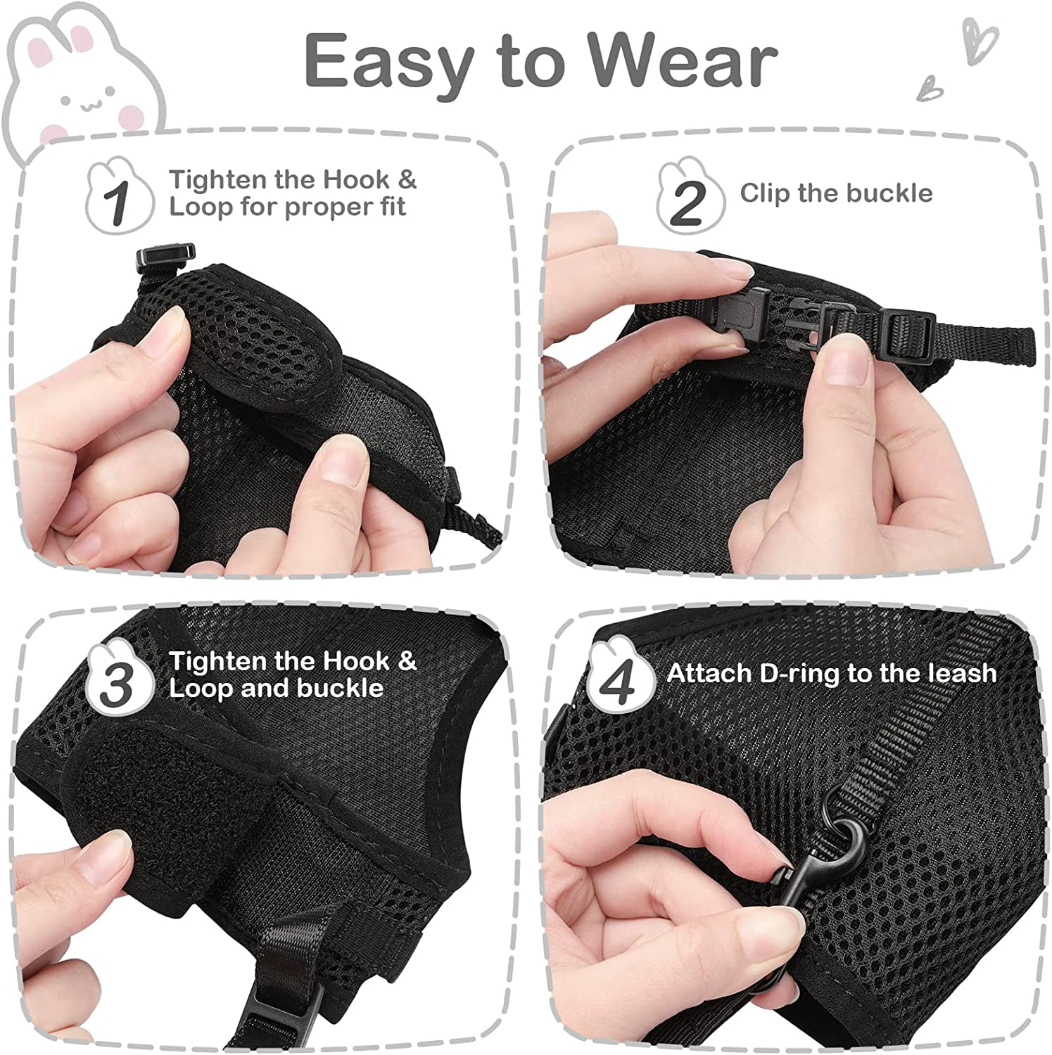 Bunny Rabbit Harness with Stretchy Leash Cute Adjustable Buckle Breathable Mesh Vest for Kitten Small Pets Walking (Black,XS)