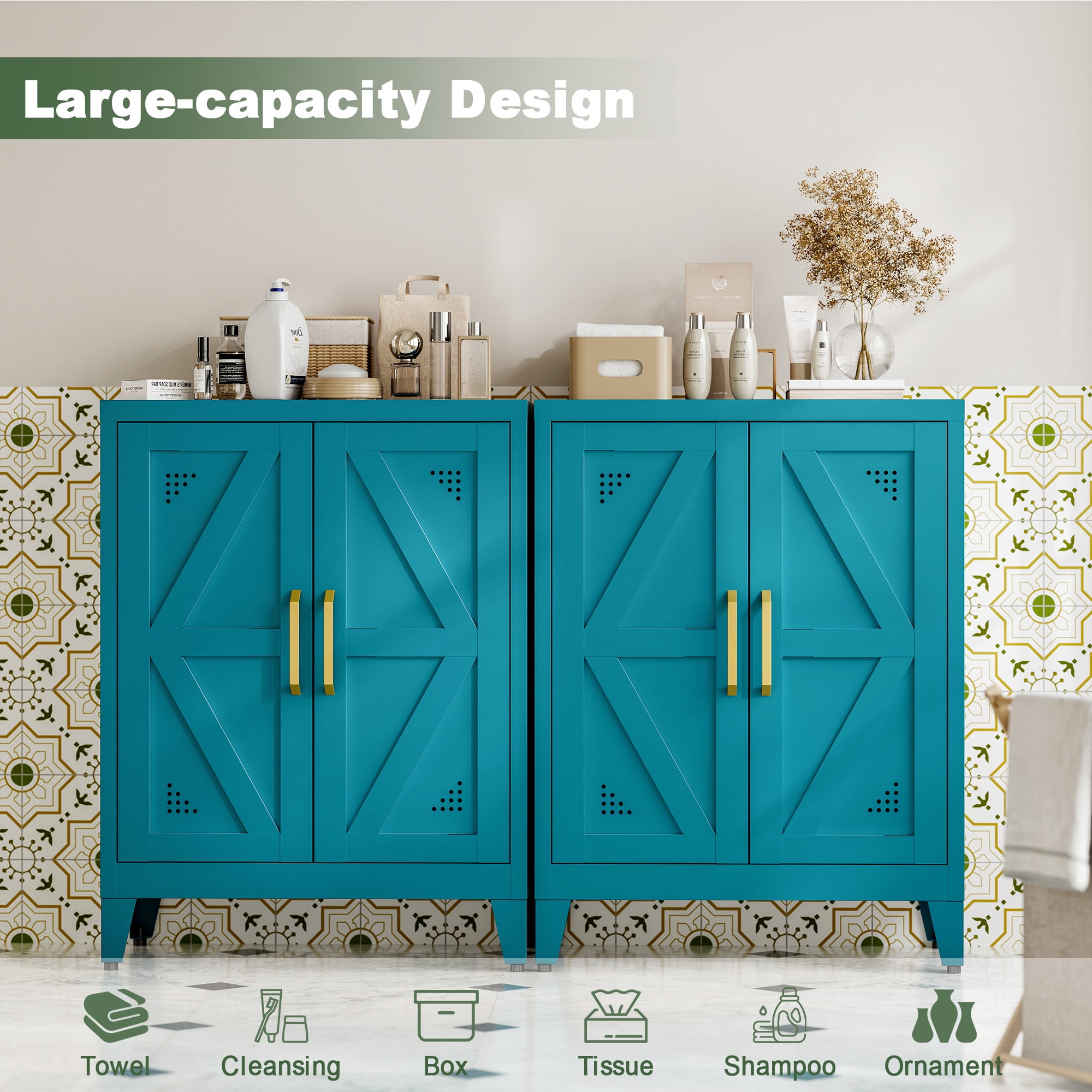 CXUZCZ Metal Buffet Cabinet, Bathroom Floor Storage Cabinet with 2 Adjustable Shelves, Freestanding Storage Sideboard for Entryway,Office, Restaurant, Living Room,11.8 x 23.6 x 31.5 Inches,Blue