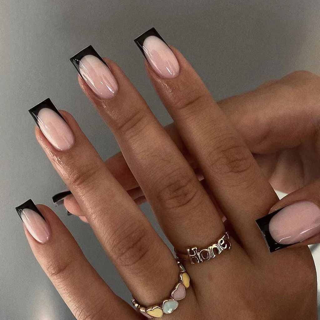 French Tip Press on Nails Medium Fake Nails Black Stick on Nails Square