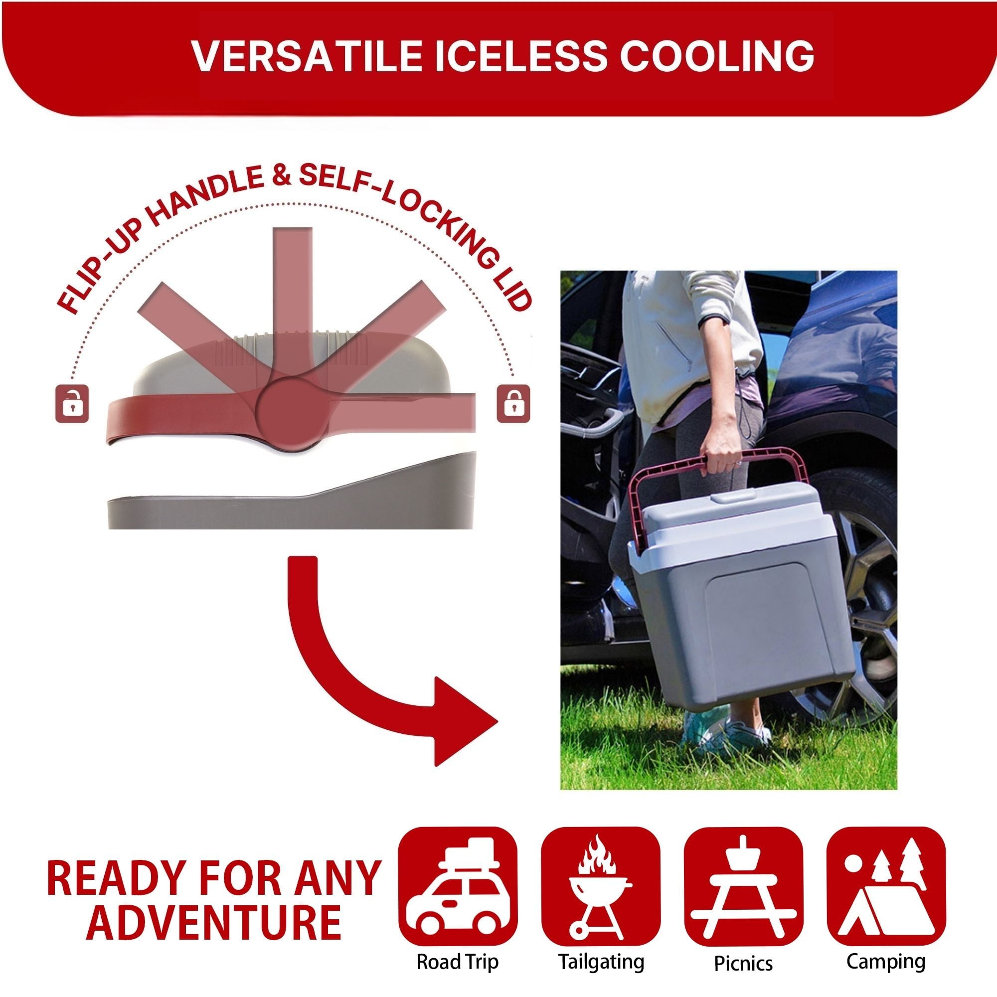 Koolatron 12V Electric Cooler 24L (26 qt), Self-Locking Handle, Gray/Red