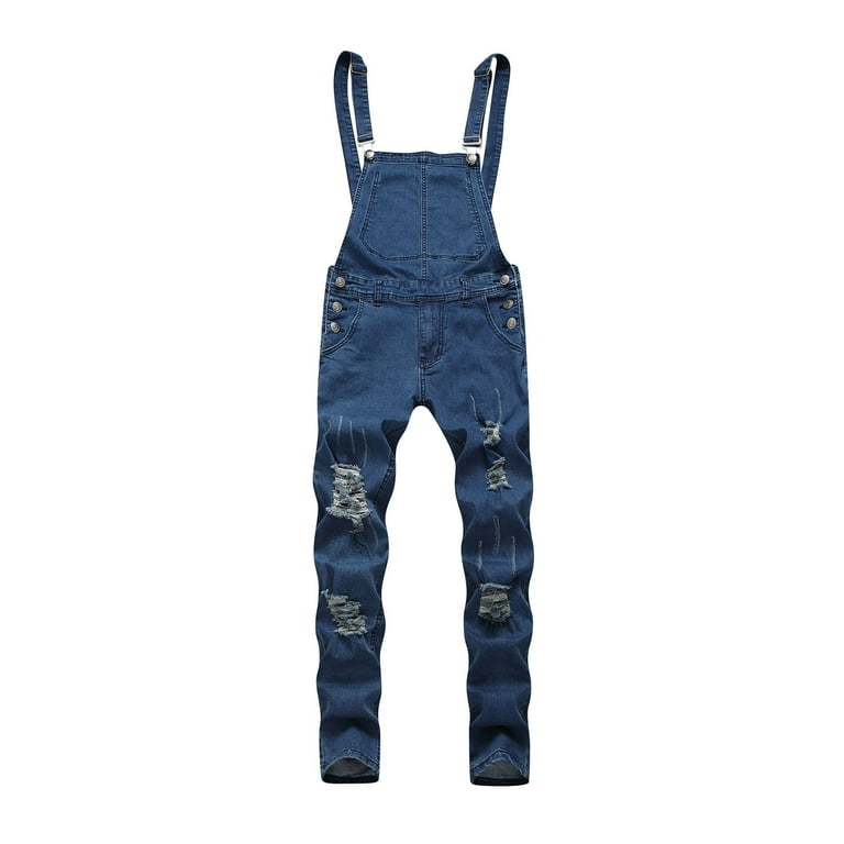 Cotonie Bib Overalls Men Denim Casual Loose Fit Denim Bib Overall Solid  Ripped Long Jeans Denim Suspender Pants Cargo Pants 