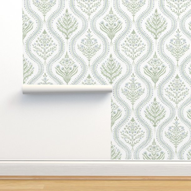 Peel & Stick Wallpaper Swatch Green Blue Paisley Cottage Floral