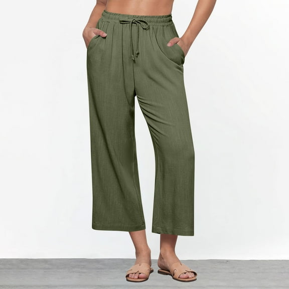 Roncen Women's Linen Culottes - Loose Straight Leg Summer Trousers with Drawstring Waist & Pockets, Solid Color Casual Style