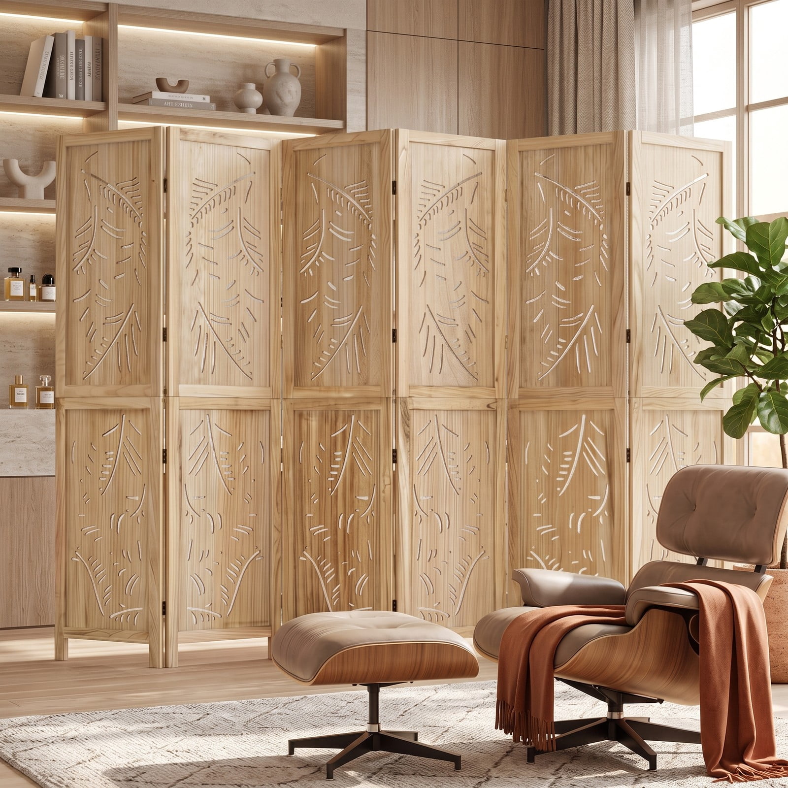 ALPULON 6-Panel Wooden Room Divider Freestanding Folding Privacy Screen with Palm Leaf Design and Paulownia Wood Frame for Home Office Bedroom, Natural